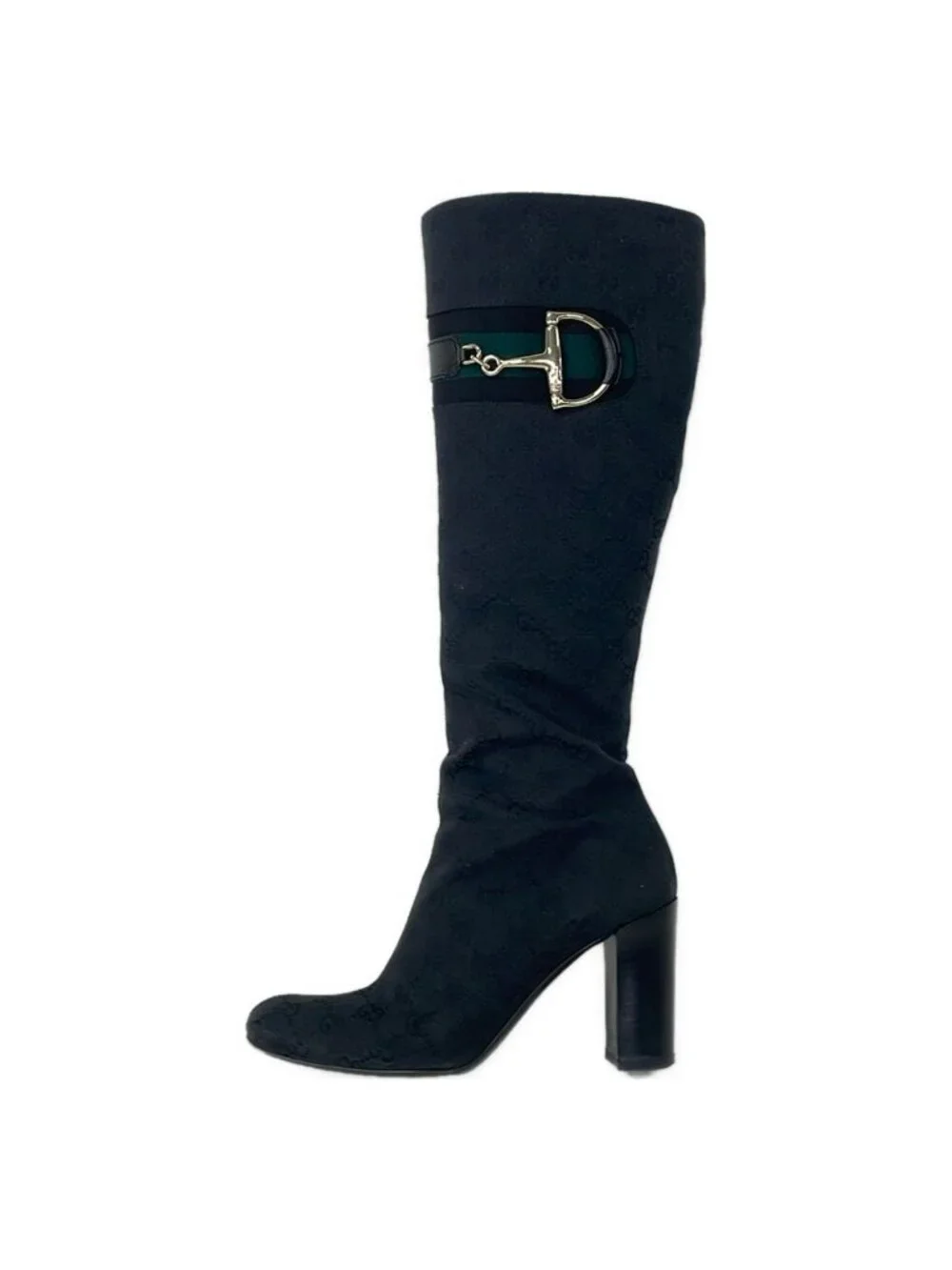 Gucci Long Boots C Black Dark Green GG Pattern Horsebit Leather 36.5
